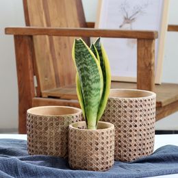 Créatif imité imitation bambou tissage de ciment vase vase fleur panier de rangement de rangement de rangement de bonsai fleuriste jardinière décor de bureau pour la maison