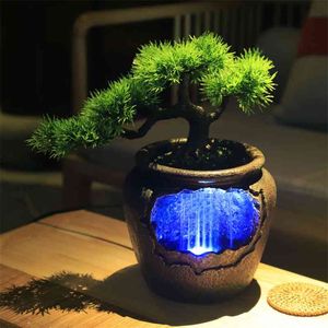 Creatieve Indoor Hars Bloem Pot Flowing Water Waterval Standbeeld Feng Shui 7-Color LED Change Home Garden Simulatie Ambachten 210811