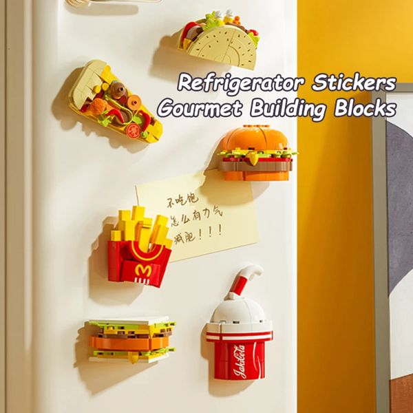 Calcomanías de refrigerante jaki creativos bloques de construcción de alimentos hamburguesas de comida rápida papas fritas bloques de ensamblaje de bricolaje juguetes para niños regalos 240429
