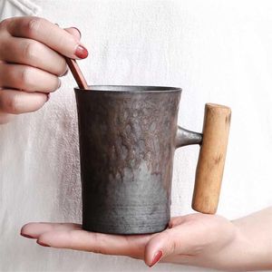Tasse à café en céramique japonaise créative, gobelet glaçage rouille avec manche en bois, tasse d'eau de bière au lait, verres pour la maison et le bureau 300ML3021