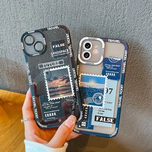 Fundas de teléfono con etiqueta de sello de paisaje creativo para iPhone 14 13 12 11 Pro XS Max X XR 7 8 Plus funda protectora de lente de cámara de silicona suave