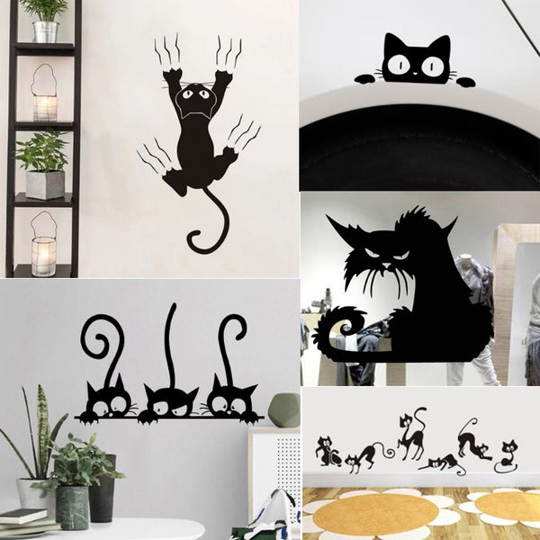 Adhesivo creativo para pared de gato negro perezoso, decoración de dormitorio para el hogar, murales, papel tapiz artístico, vinilo de Amimals