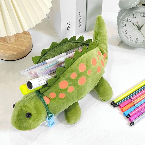 Creativo pequeño dinosaurio estuche de lápices de felpa lindo Animal de dibujos animados juguete para niños bolígrafo Kawaii mochila escolar colgante