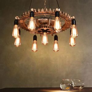 Creatieve loft hanglamp vintage ijzer hout versnelling lichtbalk studie eetkamer woonkamer restaurant café kroonluchter koplamp LLF2076