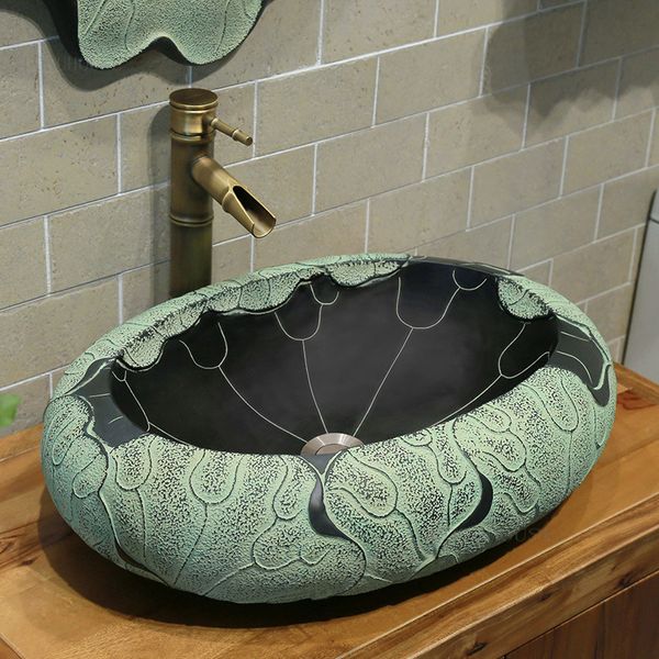 Éviers de salle de bain de feuilles de lotus créative moderne lavage de lavage vert lavage des toilettes à la maison puits de cuisine au-dessus du comptoir résine du bassin