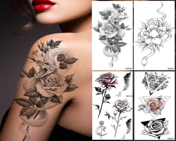 Tatuajes Temporales adhesivos creativos de serpiente de loto para mujeres, pintura de arte corporal 3D, tatuajes para piernas y brazos, tatuajes negros impermeables falsos 8988121