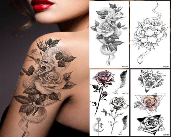 Creative Lotus Snake Temporaire Tattoos Autocollant pour les femmes 3D Corps Art peinture Jambes Tatoo Decal Fake imperméable Tatouage noir Tattoos1768755
