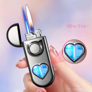 Creative Love Air Chamber Dual Fire Butane zonder gas lichter LED Blue Light transparant, slijp wiel ontsteking winddichte lichter