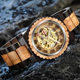 Montre en bois mécanique créative Steampunk squelette automatique hommes horloge en bois naturel mouvement creux Bracelets de mode B12052123