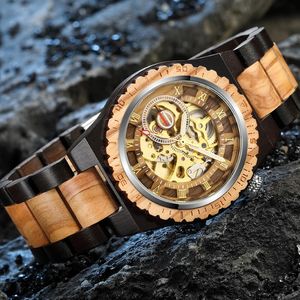 Creatief mechanisch houten horloge steampunk skelet automatische mannen natuurlijke houten klok holle beweging modearmbanden b1205 1834