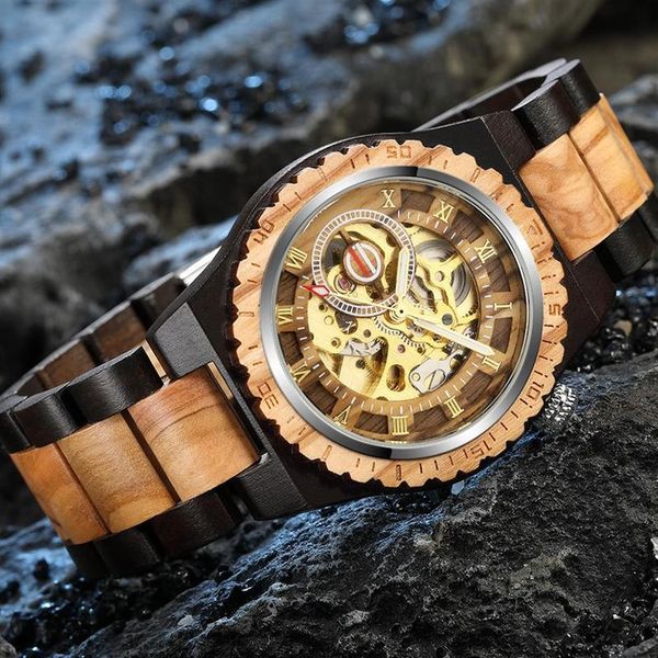 Reloj mecánico creativo de madera Steampunk esqueleto automático para hombres reloj de madera Natural movimiento hueco pulseras de moda B1205262b