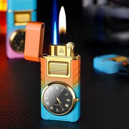 Creative Metal Real Watch Double Fire Flame Flame Blue Cigar Butane Transparent Visible sans fenêtre de gaz