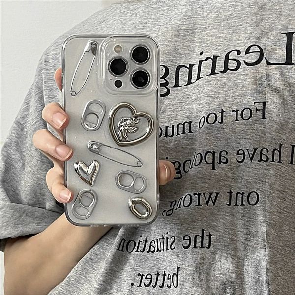 Metal Silver Silver Love Cupido Cupido Cupido para iPhone 15 14 13 12 11 Pro XS MAX X XR 7 8 Plus Glitter Clear Soft Cover Bumper