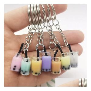 Creatieve Mini Frisdrank Sleutelhanger Melk Thee Drank Bubble Sleutelhanger Bewegende Vloeibare Olie Drop Decompressie Keyfob Sieraden Gift 7 Kleuren Leveren