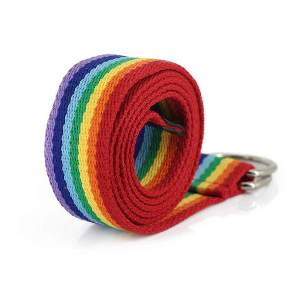 Cinturón creativo de doble anillo multicolor personalizado y de moda, cinturón de lona arcoiris