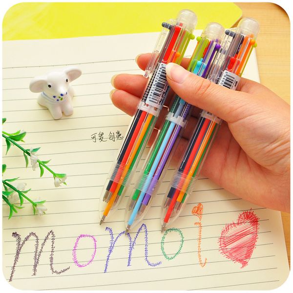 Bolígrafos multicolores creativos de plástico transparente, bolígrafo automático de 6 colores, bonitos suministros escolares de dibujos animados