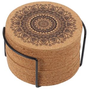 Posavasos de madera con diseño de Mandala nórdico creativo, posavasos de forma redonda con estante, posavasos de corcho redondo