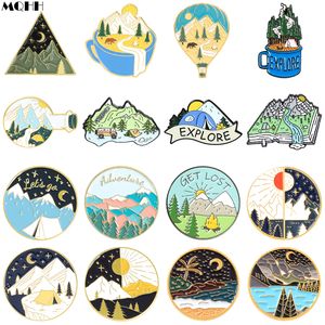 Alfileres de esmalte de paisaje al aire libre creativo montaña pico río sol Luna mar Camping fogata amanecer broche de aleación insignia regalo de joyería