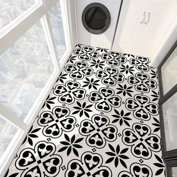 Patrón creativo 4 Uds sarga antideslizante blanco y negro baño impermeable cocina autoadhesivo vinilo piso azulejo pegatinas 240112