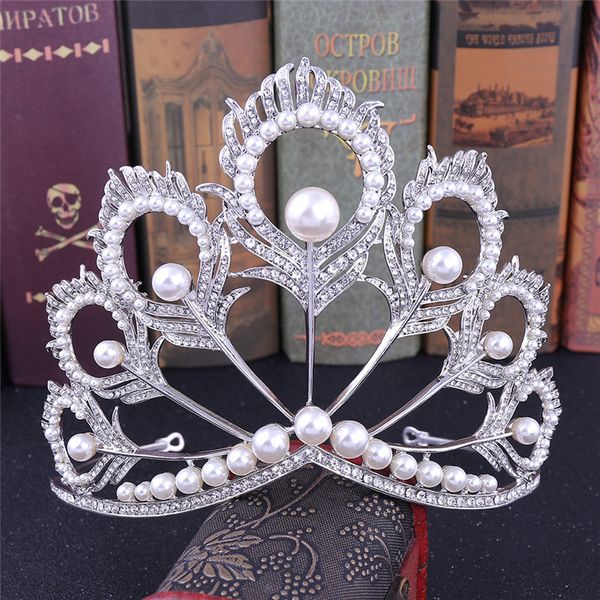 Plumes de paon créatives couronne perles diadème rond complet reine de beauté couronne grande pour reconstitution historique femmes bijoux accessoires de cheveux