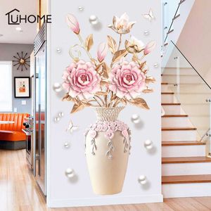 Creative Peony Flowers Vaas Muursticker Voor Woonkamer Slaapkamer Decal 3D Muurstickers Verwijderbare Wanddecoratie Schilderij Decor 210705