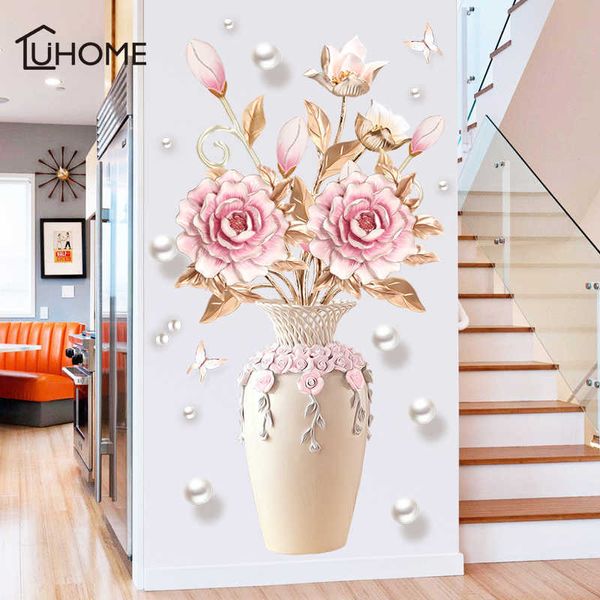 Creative Pivoine Fleurs Vase Sticker Mural pour Salon Chambre Decal 3D Stickers Muraux Amovible Décoration Murale Peinture Décor 210705