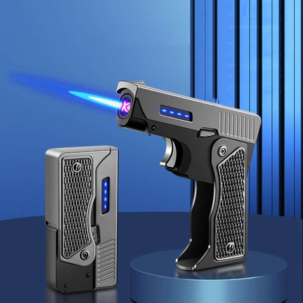 Torche de modèle de pistolet créatif plus léger 2 en 1 torche de flamme à double jet avec USB plus léger de poche pliante fraîche plus légère