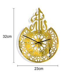 Horloges murales créatives du Ramadan Sliver doré acrylique rétro islamique calligraphie ronde horloge pour la chambre Eid Mubarak décoration de la maison