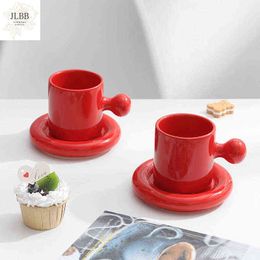 Tasses à café rouges créatives avec des plats ronds Unique tasse en céramique soucoupe verres thé lait tasse plateau beau cadeau d'anniversaire de mariage T220810