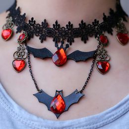 Creatief Red Crystal Black Bat hanglager Choker ketting voor vrouwen kanten ketting hart ketting Halloween mode sieraden feest cadeau