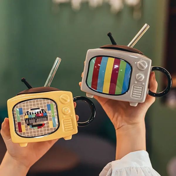 Creative Retro 3D TV Ceramic Coffee Cup TV Shape Shape Milk Beer Cup With Lid Family Cup Beverage 240510