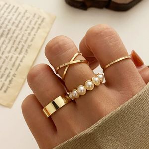 Créatif rétro incrusté perle anneau pour femmes Vintage or argent couleur Joint anneaux ensemble femme élégant mode bijoux cadeaux