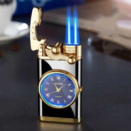 Creatieve Tuimelaar Echt Horloge Lichtgevend Butaan Geen Gas Aansteker Wijzerplaat Kleurrijk Licht Dual Jet Torch Blauwe Vlam Roken Accessoies HE1T