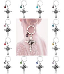 Porte-clés créatif Rose Cross avec 12 pierres de naissance bijoux cadeaux commémoratifs sac pendentif porte-clés religieux chrétien porte-clés 3098768