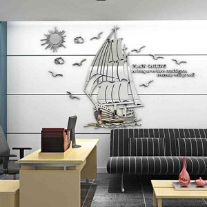 Creative Sailboat Acrylc 3D Muurstickers Bedrijf Inspirerende Spiegel Muurstickers Klaslokaal Dorm Kamer Office DIY Home Decor 210615