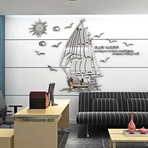 Creative Sailboat Acrylc 3D Stickers muraux Société Inspirational Miroir Stickers muraux Salle de classe Dortoir Bureau DIY Home Decor 210705