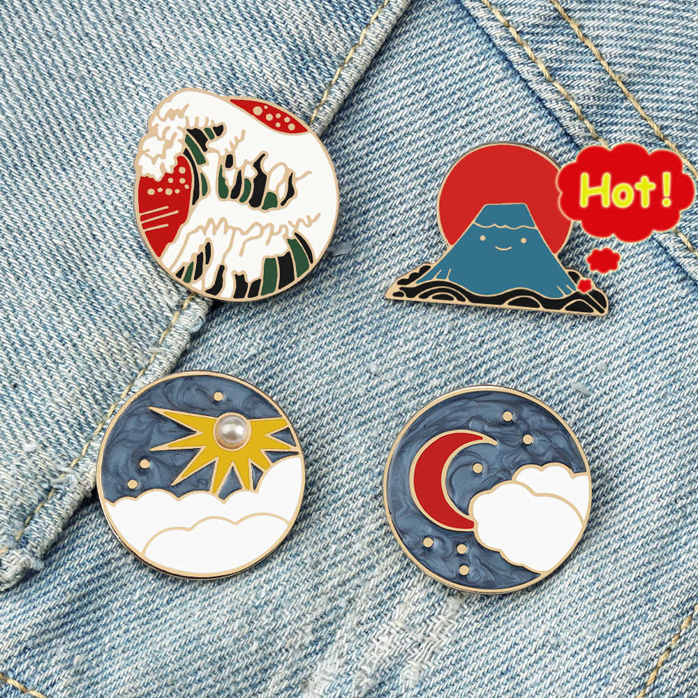 Paysage créatif lune soleil émail broche océan vague mont Fuji broches personnalisées dessin animé Badge sac épinglettes bijoux cadeau pour les amis