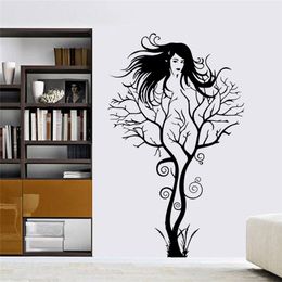 Creative Sexy Girl Fairy Branch Muurstickers voor Slaapkamer Verwijderbare Woondecoratie Boom Stickers DIY Vinyl Art Zwart 210420