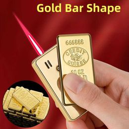 Creatieve Sideslip Gold Bar Metaal Butaan Geen Gas Ontsteker Draagbare Mini Pocket Turbo Aansteker Geschenkdoos Verpakking Sigaar Mannen gift