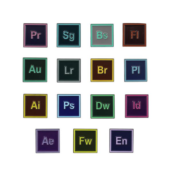 Broche de logiciel de conception d'emblème d'alphabet anglais coloré carré créatif pour hommes femmes Photoshop Premiere Designer bijoux Badge chemise Denim épinglettes bijoux