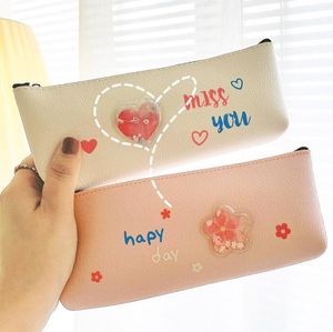 Bolsa de lápices de papelería creativa, estuche de bolígrafo con cremallera bonita, venta al por mayor, bolsa de lápices de cuero PU con dibujos animados para estudiantes