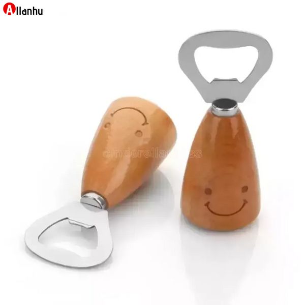 Ouvre-bouteille avec poignée en bois, visage souriant et créatif, outils d'ouverture de bière en acier inoxydable, accessoires de cuisine wY32