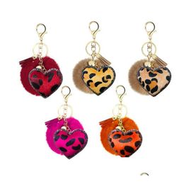 Pompon créatif coeur pompon porte-clés petit cadeau strass imprimé léopard flanelle Unique cuir Pu amour Style Imitation lapin cheveux pompons