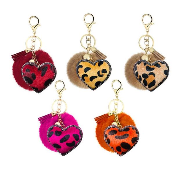 Pompon créatif coeur pompon porte-clés petit cadeau strass imprimé léopard flanelle unique en cuir PU amour Style imitation lapin cheveux pompons porte-clés