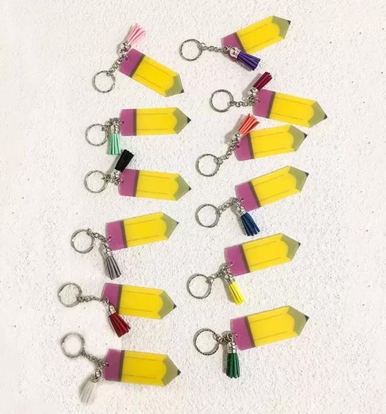 DHL UPS Enseignants Day Porte-clés Mode Crayon Acrylique Dangle Charms Porte-clés Personnaliser Avec Petit Gland Porte-clés Festival Fête Cadeau Stock GC0901