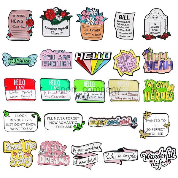 Texte créatif Email Brooch News Flore Bill Tombstone Hello Rainbow Ouais Super Cool Dream Wanderful Life Badge Pin Bijoux Gift