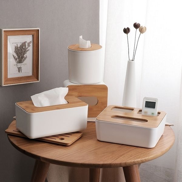 Caja creativa de tejido de madera Tapa de plástico Cubierta del soporte de servilletas para servilletas Decoración del hogar Y200328