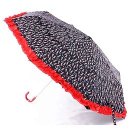 Creatief reizen vouwen kant -handgreep gebogen uv zonnige en regenachtige paraplu zwart witte streep lippenstift print paraplu's cadeau 0119 s