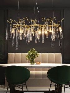 Lampe de branche d'arbre créative longue lustre en cuivre pour salle à manger Restaurant cristal cuisine île luminaire décoratif