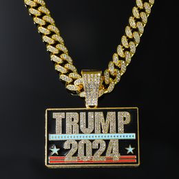 Creative Trump 2024 Full Diamond Fashion Personnalité Pendant Pendant Cuban Chain Chain Collier Party Favor